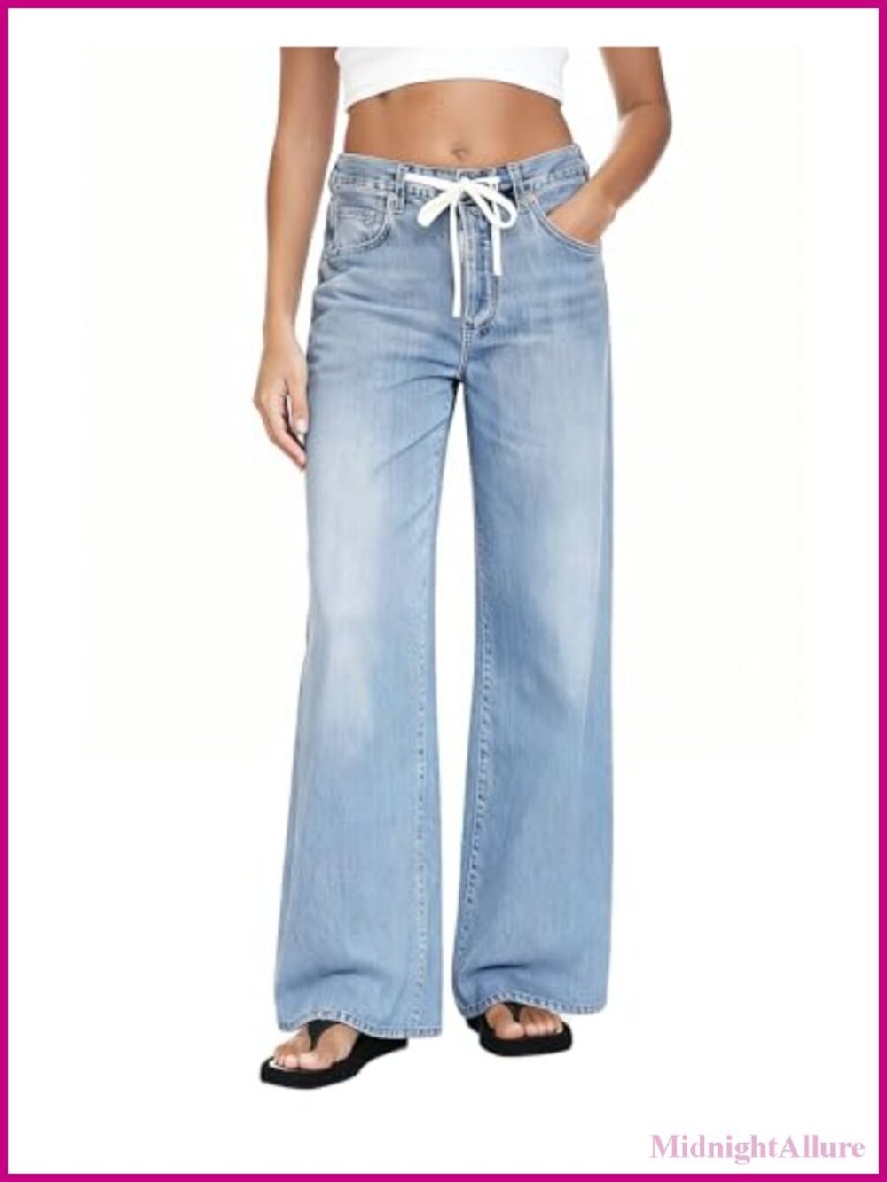 Wide Leg High Rise Jeans for Women Drawstring Baggy Denim Pants